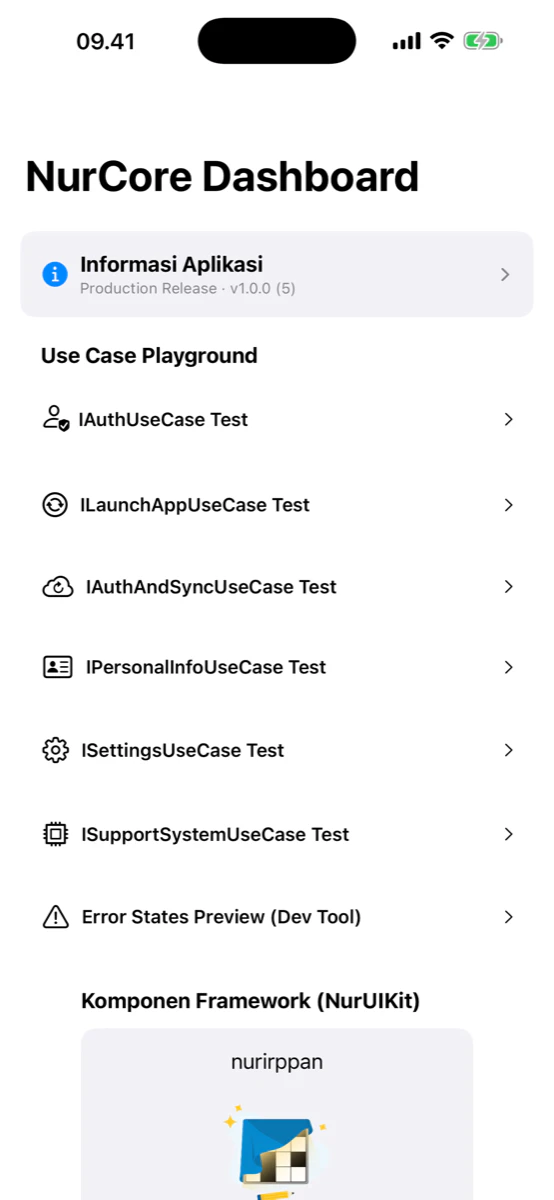 The NurCore app running on an iPhone, showing Production Release version 1.0.0 build 5 in its application information row