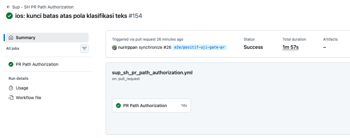 Workflow run summary for pull request path authorization, file name sup underscore sh underscore pr underscore path authorization dot yml, completed successfully