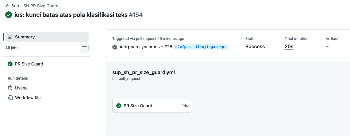 Workflow run summary for the pull request size guard, file name sup underscore sh underscore pr underscore size guard dot yml, completed successfully in 20 seconds