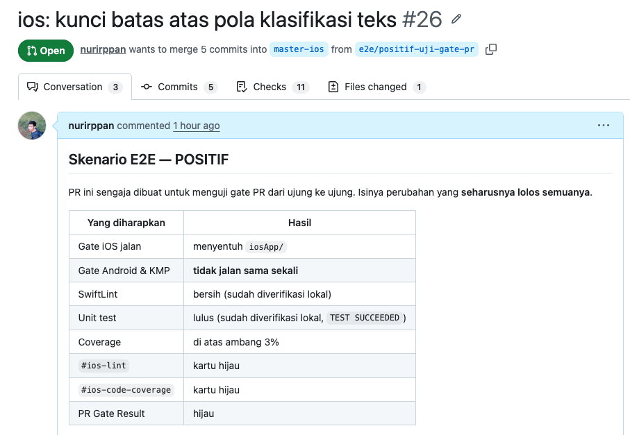 The pull request description containing a table of the positive end-to-end scenario, listing what was expected of each gate and the result