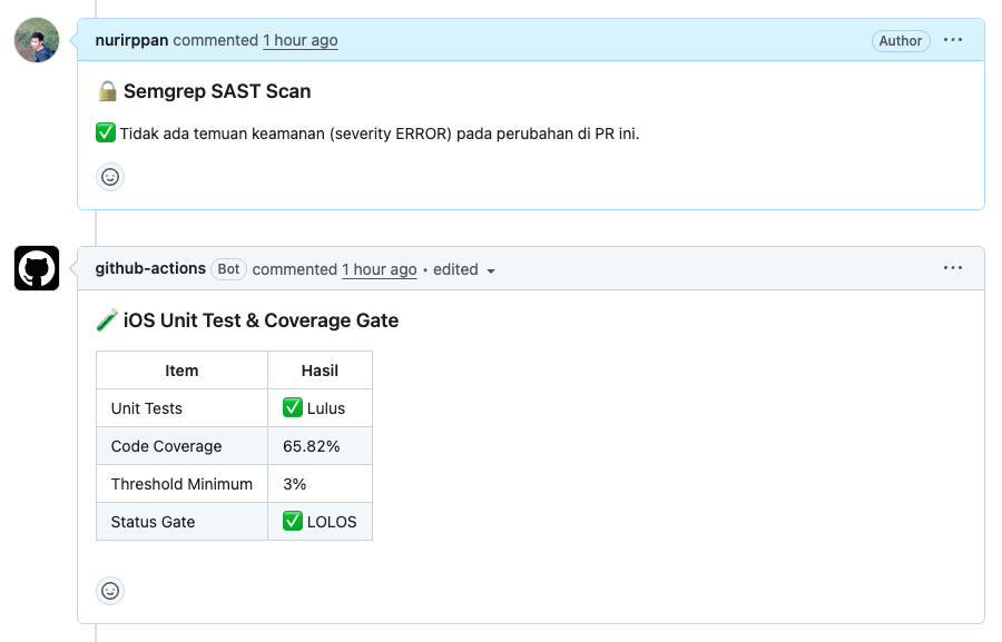 Two automated comments on the pull request: a security scan reporting no findings, and a coverage gate table showing unit tests passed, coverage 65.82 percent, minimum 3 percent and gate passed