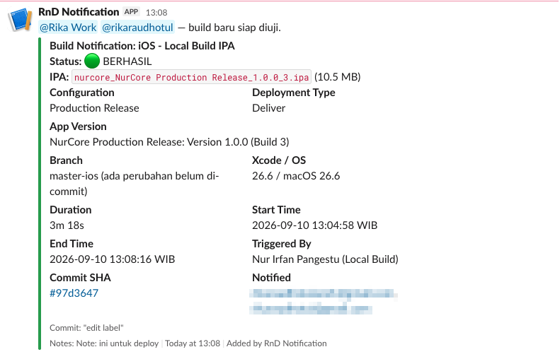 Slack card posted by the release lane after a local iOS build: green success status, exported IPA name and size, configuration, deployment type, app version and build number, branch, Xcode and macOS versions, duration, start and end time, who triggered it, a linked commit SHA, and the list of people notified