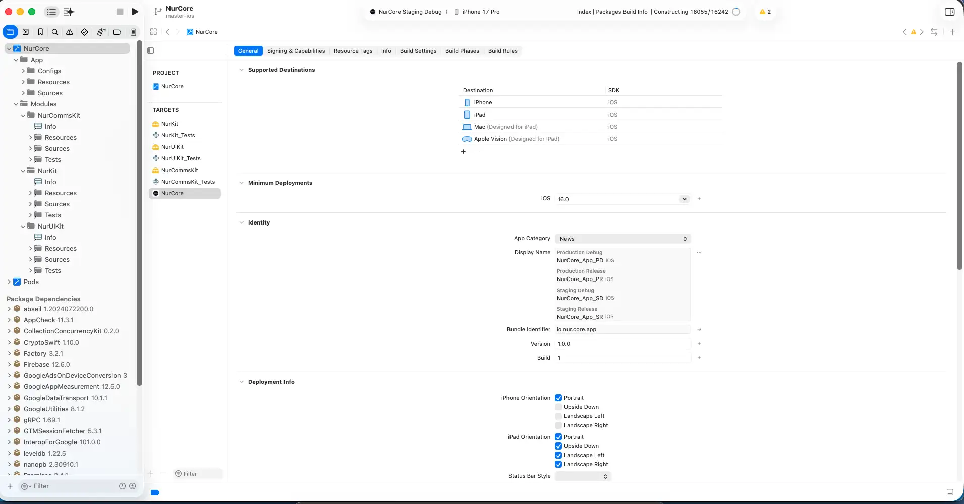 Xcode project navigator for NurCore showing Modules group with NurCommsKit, NurKit and NurUIKit, and a TARGETS list containing NurKit, NurKit_Tests, NurUIKit, NurUIKit_Tests, NurCommsKit, NurCommsKit_Tests and the NurCore app target